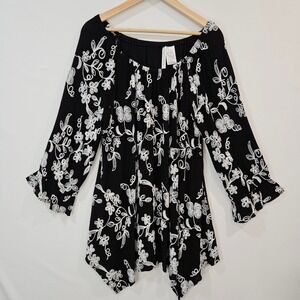 Womens Black Floral Boho Embroidered Peasant‎ Tunic Top Asymmetrical Hem 2XL